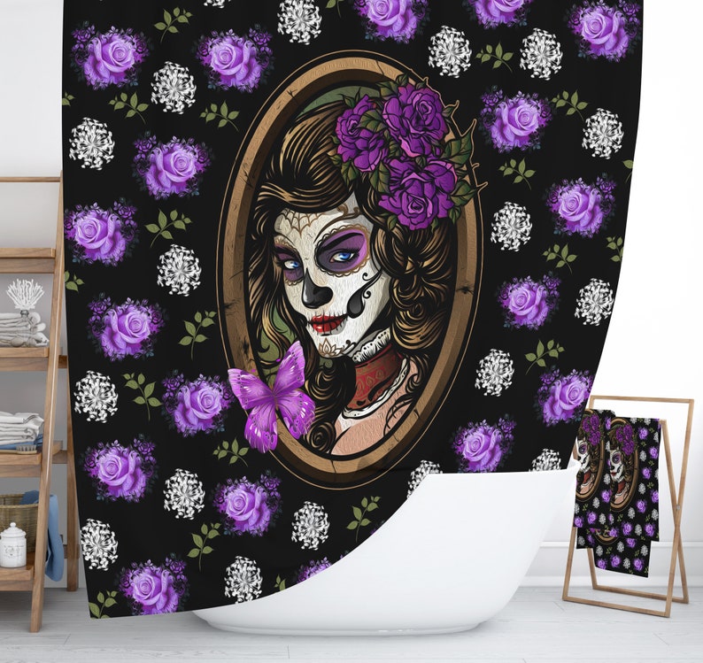 Purple Sugar Skull Shower Curtain, Day Of The Dead Decor - Image 2