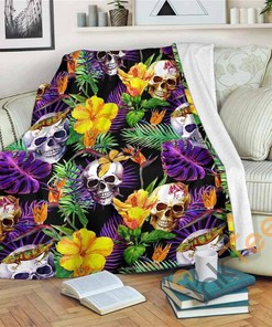 Purple Tropical Skull Pattern Sherpa Fleece Blanket Gifts for Family, for Couple