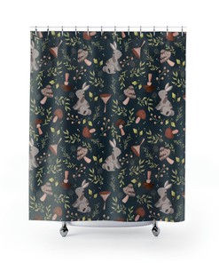 Rabbit and Mushroom Shower Curtain, Retro Shower Curtain, Boho Shower Curtain, Cottage Core Shower Curtain, Woodland Shower Curtain