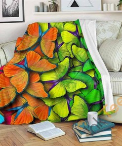 Rainbow Butterfly Pattern Sherpa Fleece Blanket Gifts for Family, for Couple