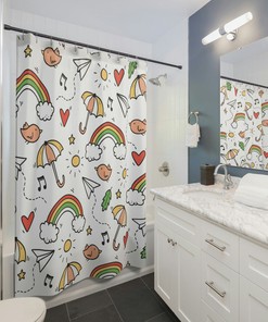 Rainbow Umbrella Cute Shower Curtain, Bathroom Decor, Bathroom Accessories