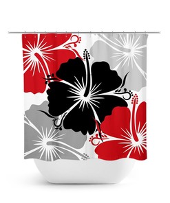 Red Black Gray Shower Curtain, Floral Shower Curtain, Shower Curtain Art Decor, Hibiscus Shower Curtain