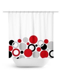 Red Black Gray Shower Curtain, Geometric Bath Curtain, Gray Bathroom, Fabric Shower Curtain, Polka Dot Curtain