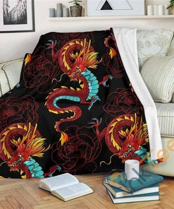 Red Dragon Lotus Pattern Sherpa Fleece Blanket Gifts for Family, for Couple