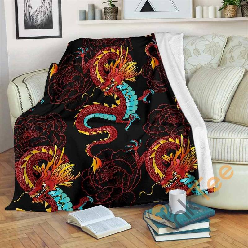 Red Dragon Lotus Pattern Sherpa Fleece Blanket Gifts for Family, for Couple
