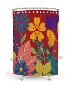 Red Floral Shower Curtain, Bold Floral Maximalist Bathroom Decor