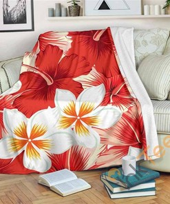 Red Hibiscus Plumeria Pattern Sherpa Fleece Blanket Gifts for Family, for Couple