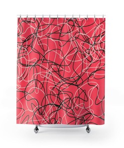 Red Mid Century Modern Boomerang Pattern Shower Curtain In Durable Polyester for 5 or 6 Atomic Age Bathroom Decor