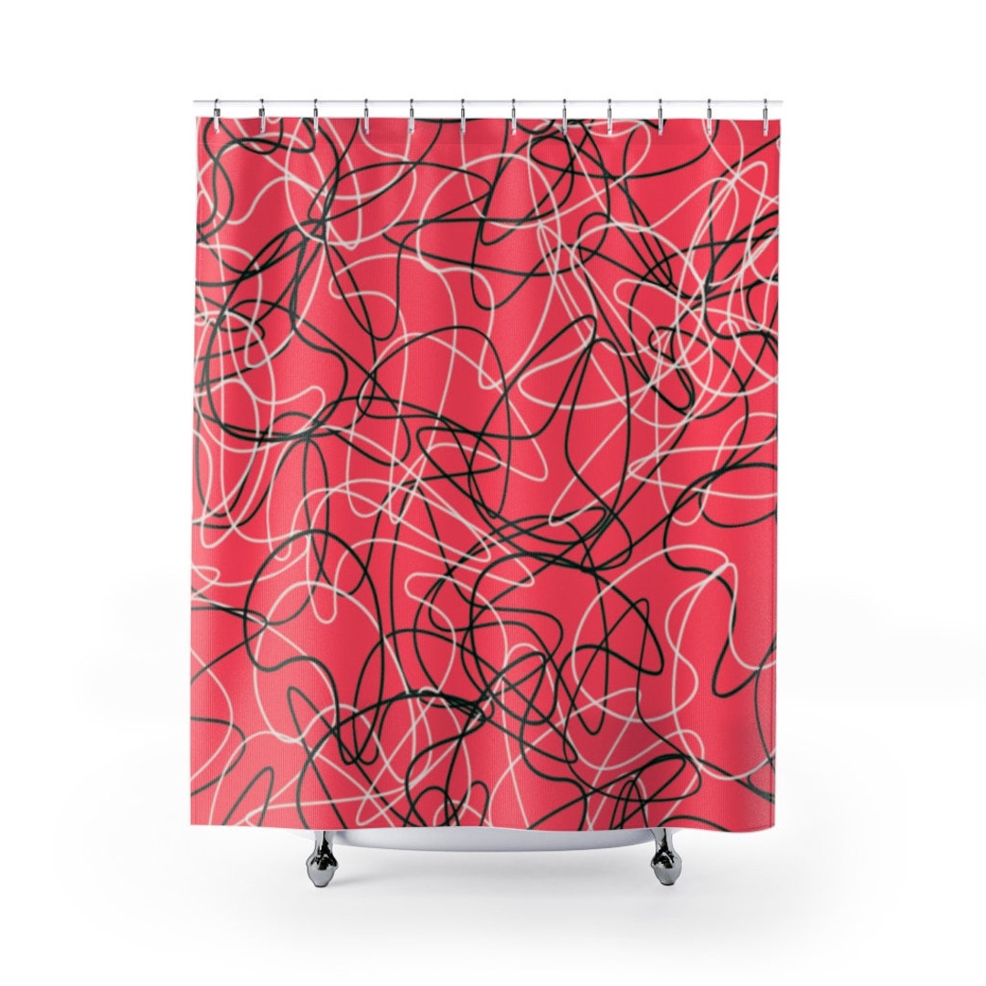 Red Mid Century Modern Boomerang Pattern Shower Curtain In Durable Polyester for 5 or 6 Atomic Age Bathroom Decor