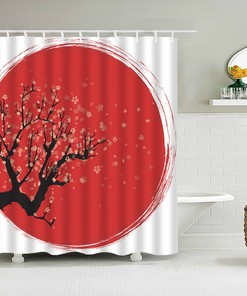 Red Moon And Japanese Cherry Blossom Shower Curtain, Classic Japan Flowers Circle Themed Curtain