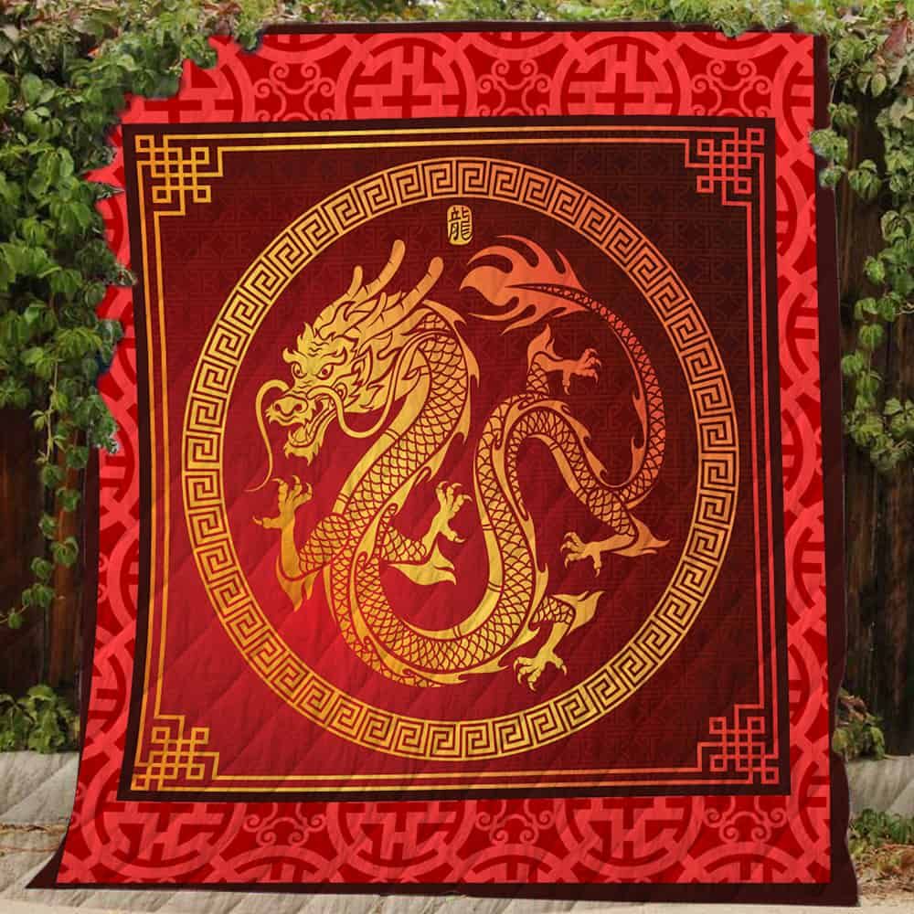 Red Pattern Golden Dragon Quilt Blanket Bedding Set
