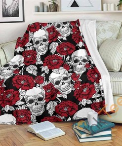 Red Peony Skull Pattern Sherpa Fleece Blanket Gifts for Family, for Couple