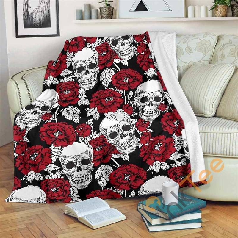 Red Peony Skull Pattern Sherpa Fleece Blanket Gifts for Family, for Couple