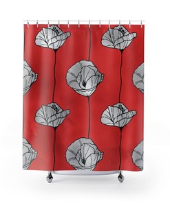 Red Poppies Shower Curtain, Floral Bath Decor, Red And Silver Decor, Boho Bath Curtain, Poppy Flowers