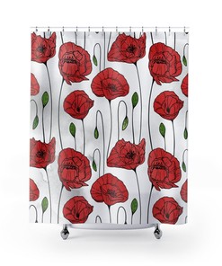 Red Poppies Shower Curtain, Floral Bath Decor, Red, White And Green Decor, Boho Bath Curtain, Poppy Flowers