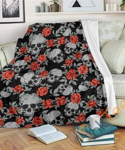 Red Rose Grey Skull Pattern Sherpa Fleece Blanket Gifts for Family, for Couple
