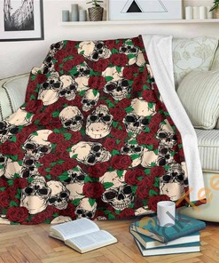 Red Rose Skull Pattern Sherpa Fleece Blanket Gifts for Family, for Couple