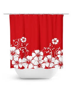 Red Shower Curtain, Hibiscus Floral Bath Curtain, Fabric Shower Curtain, Girls Bathroom Decor