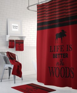 Red Shower Curtain, Moose Shower Curtain, Rustic Woodland, Buffalo Plaid Bathroom Decor