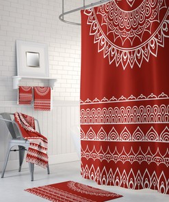 Red Southwestern Boho Shower Curtain With Optional Towels And Bath Mat