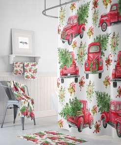 Red Truck Christmas Shower Curtain, Holiday Shower Curtain, Christmas Bathroom Decor