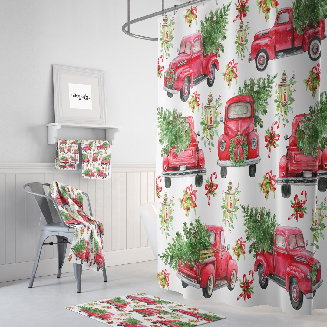Red Truck Christmas Shower Curtain, Holiday Shower Curtain, Christmas
