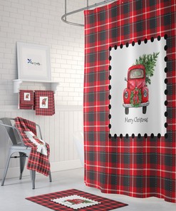 Red Truck Decor, Christmas Shower Curtain, Plaid Holiday Bathroom Decor