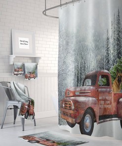 Red Truck With Christmas Tree Shower Curtain, Mountains and Dog
