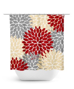 Red Yellow Gray Bathroom Decor, Red Gray Floral Shower Curtain, Flower Shower Decor, Yellow Bathroom Curtain, Red Shower Curtain