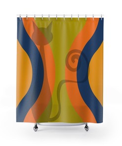 Retro 70's Atomic Cat Silhouette, Orange, Green, Yellow And Blue Mid Century Modern Shower Curtain