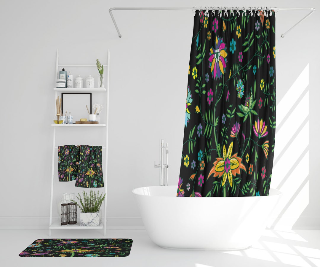 Retro 70's Flowers Bathroom Decor, Shower Curtain, Bath Mat, Spa Wrap, Waffle Weave Shower Curtain