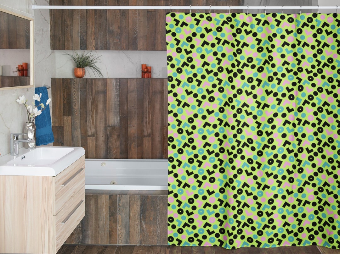 Retro 90's Shower Curtain, 90's Nostalgia Bathroom Accessories, Geometric Bathroom Decor, Bathroom Gift