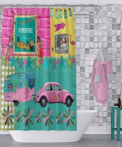 Retro Adventure Shower Curtain, Glamper Camper Theme Bathroom Decor