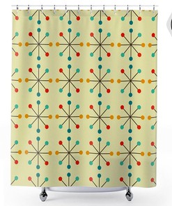 Retro Atomic Clock Starburst on Cream Mid Century Modern Polyester Shower Curtain MCM Bathroom, 50s 60s 1960s Retro Bathroom Décor