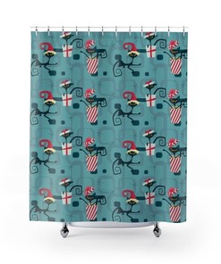 Retro Atomic Kitty Mid Christmas Modern Shower Curtain, Christmas Gift For Home, Shower Curtain, Retro Bathroom Accessories, Home Gift