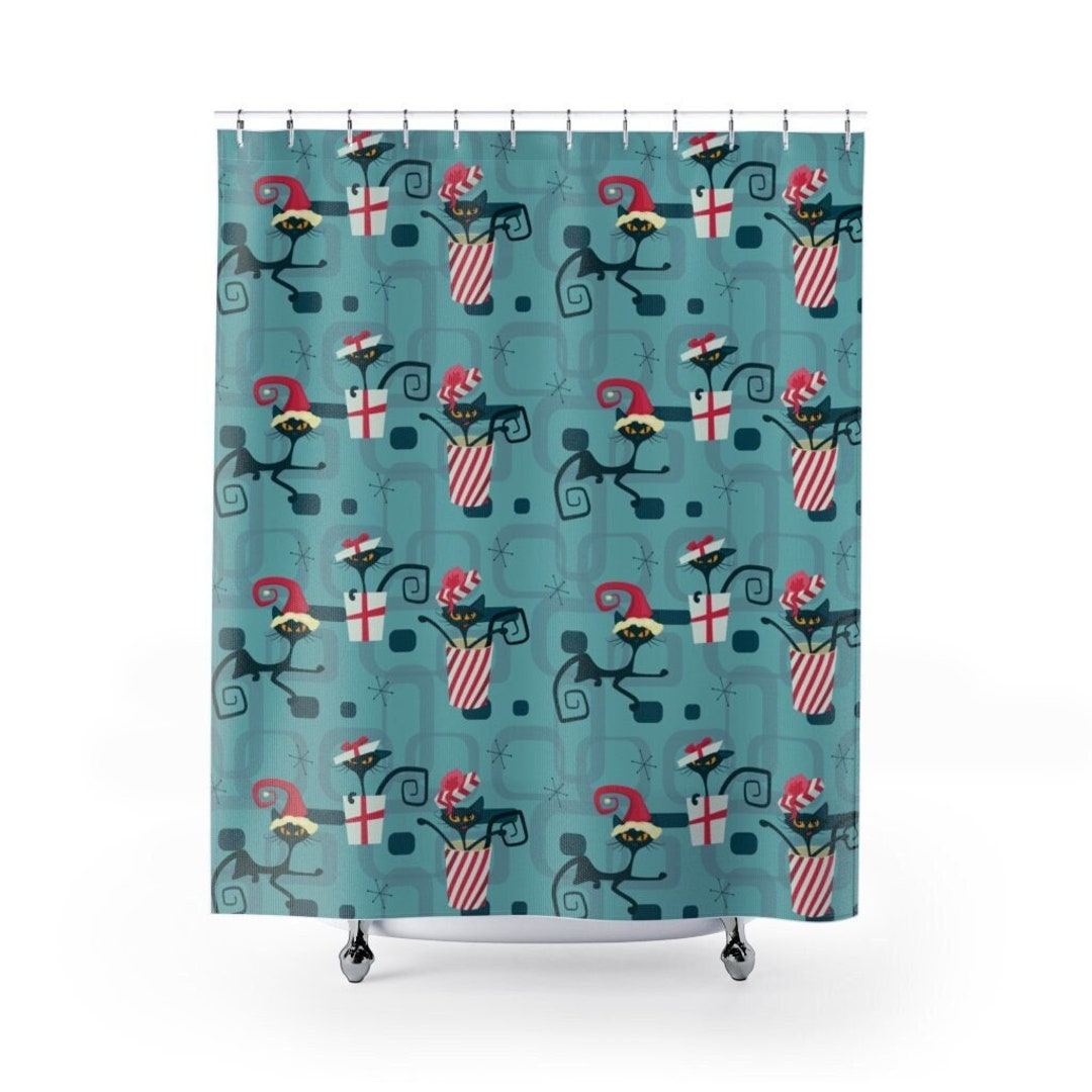 Retro Atomic Kitty Mid Christmas Modern Shower Curtain, Christmas Gift For Home, Shower Curtain, Retro Bathroom Accessories, Home Gift