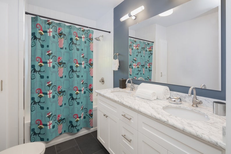 Retro Atomic Kitty Mid Christmas Modern Shower Curtain, Christmas Gift For Home, Shower Curtain, Retro Bathroom Accessories, Home Gift - Image 2
