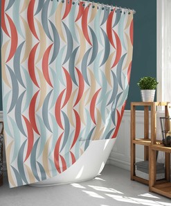 Retro Blue Red Curtain, Mid-Century Vintage Geometric Fabric Bathroom Curtain, Home Bathroom Set Decor, House Warming Gift