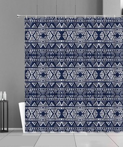 Retro Blue Shower Curtain, Mid-Century Boho Mandala Geometry Fabric Bathroom Curtain Accessories