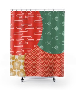 Retro Bohemian Mid Mod, Flower, Abstract, Geometric, Coral, Yellow, Green, 60's 70's Trendy Designs Shower Curtains