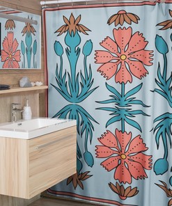 Retro Boho Flowers Shower Curtain, Floral Bathroom Decor, Boho Shower Curtain