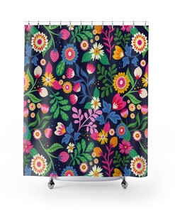 Retro Boho Flowers Shower Curtain, Scandinavian Floral Strawberries Shower Accessory, Retro Bathroom CurtainShower Curtains