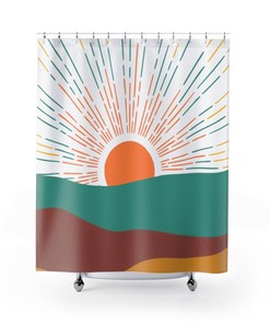 Retro Boho Sun Groovy Wave Orange , Mustard Yellow, Teal Blue, Shower Curtain