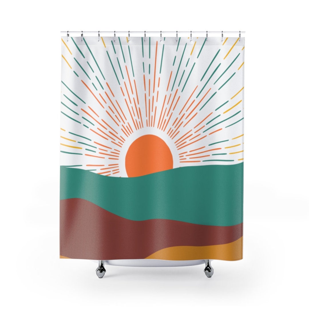 Retro Boho Sun Groovy Wave Orange , Mustard Yellow, Teal Blue, Shower Curtain