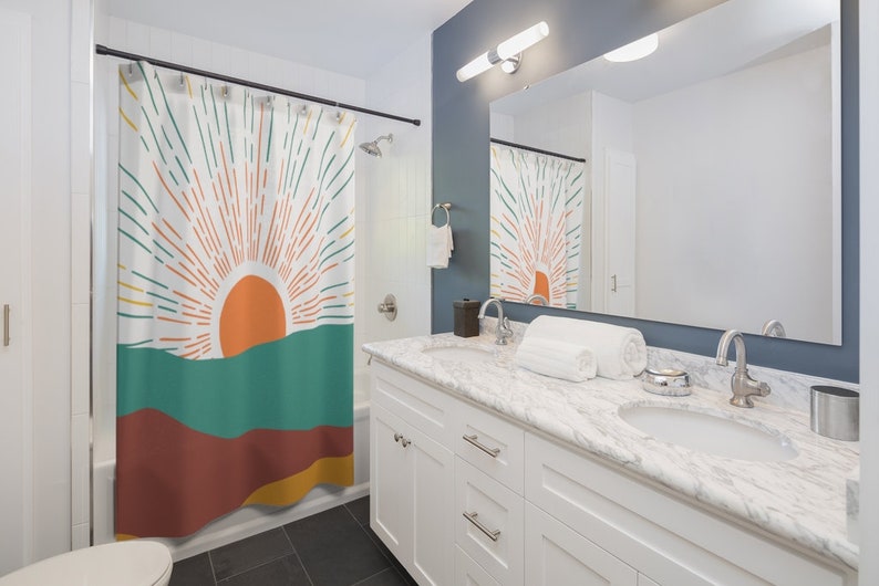 Retro Boho Sun Groovy Wave Orange , Mustard Yellow, Teal Blue, Shower Curtain - Image 2