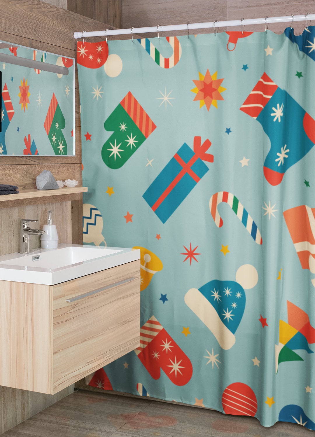 Retro Christmas Shower Curtain, Holiday Shower Curtain, Christmas Decorations For Bathroom