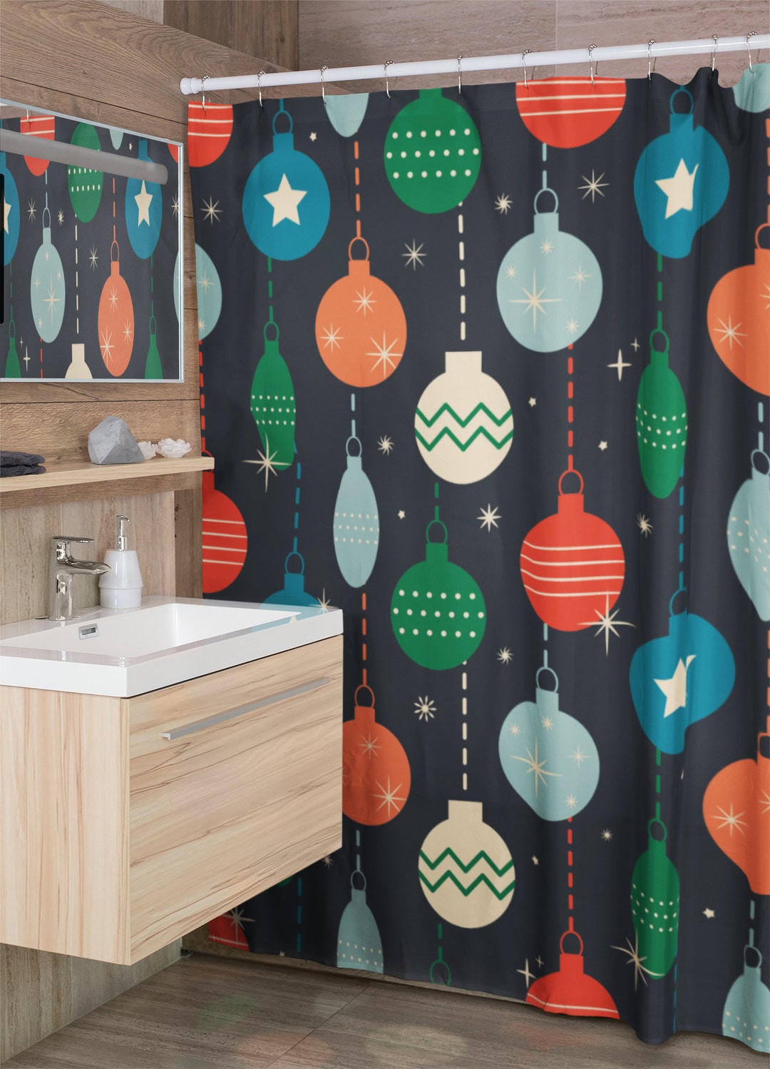 Retro Christmas Shower Curtain, Tub Curtain, Holiday Shower Curtain, Christmas Decorations For Bathroom