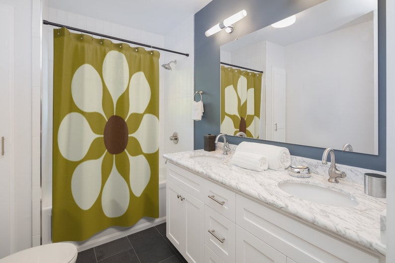 Retro Flower Mid Century Modern Shower Curtain, Bathroom Accessories, Retro Boho Flowers Bathroom Decor, Bathroom Gift - Image 2