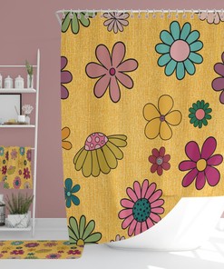 Retro Flowers 70's Bathroom Decor, Shower Curtain, Bath Mat, Spa Wrap, Waffle Weave Shower Curtain