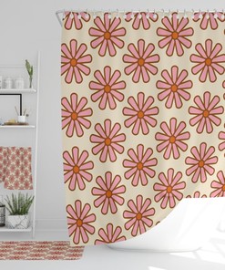 Retro Flowers 70's Bathroom Decor, Shower Curtain, Bath Mat, Spa Wrap, Waffle Weave Shower Curtain, Hand Towel, Bath Towel, Retro Bathroom